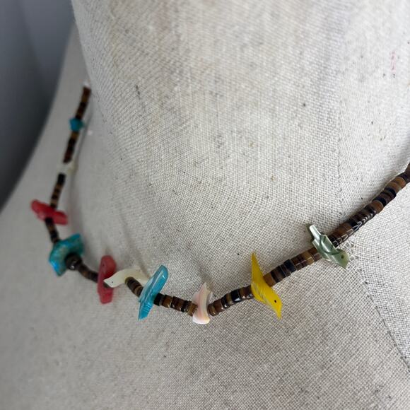 Zuni Fetish Necklace 10 Birds 18" Heishi Bead Native American Brown Multicolor - Picture 6 of 12